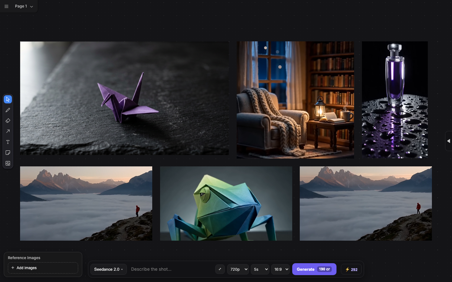 The Coveboard canvas with generated images and video arranged in a grid