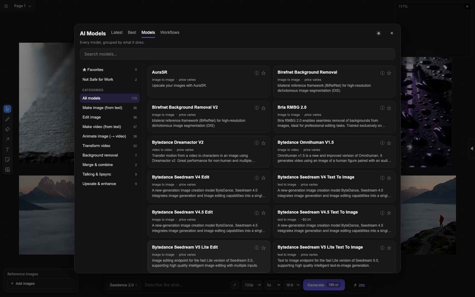 The Coveboard model browser, organized by what each model does