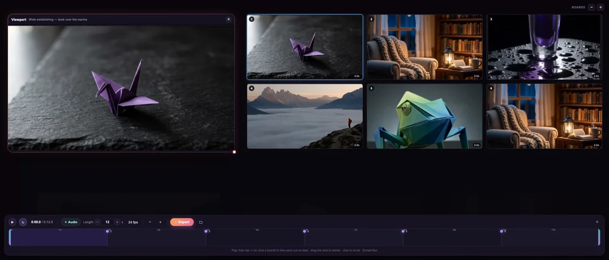 Animatic mode: viewport, shot grid, and timeline