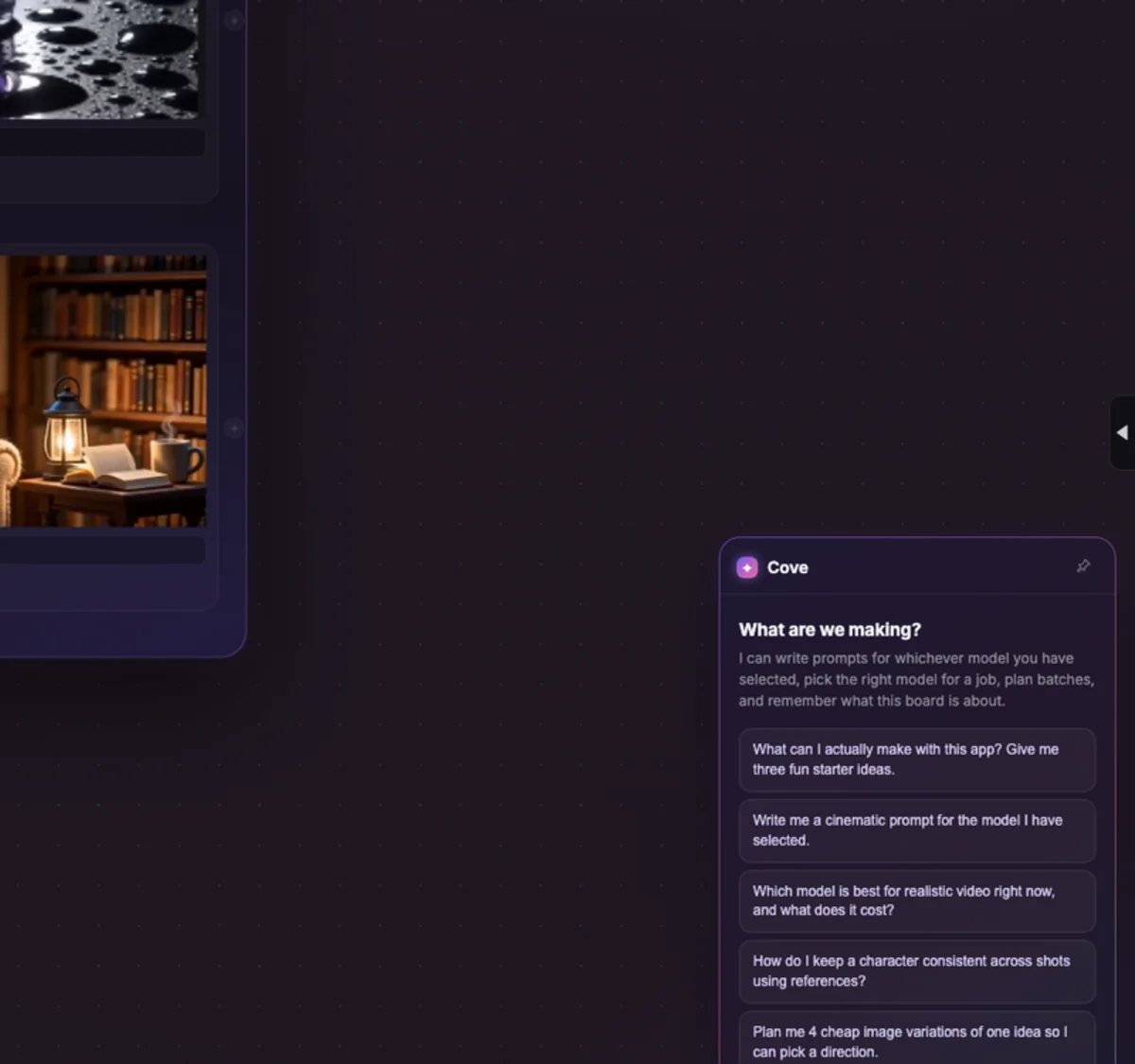 Cove, the built-in AI, next to a storyboard