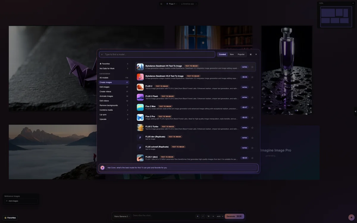 The model browser with color-coded types and live prices