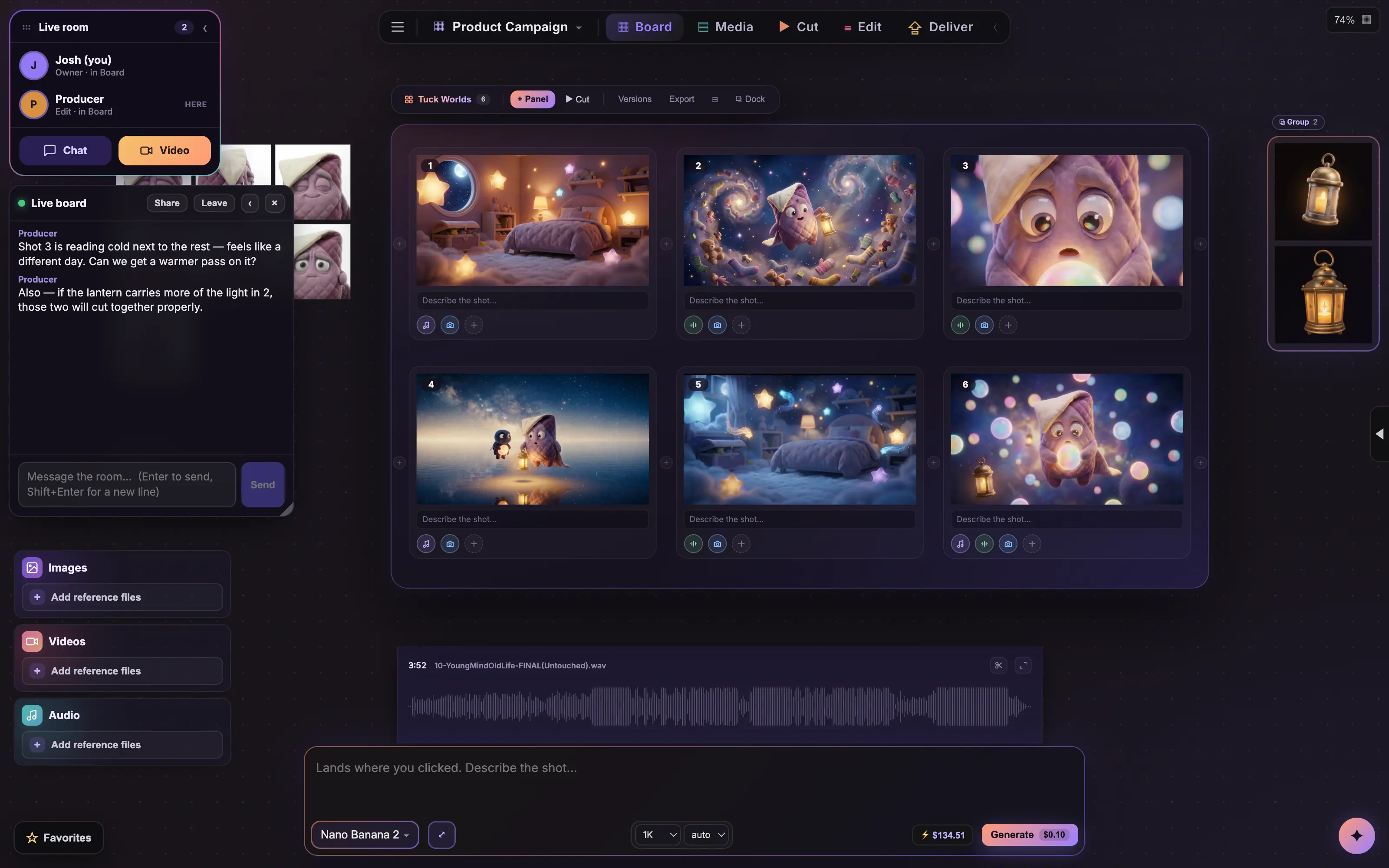 A storyboard on the canvas with a live room and chat open