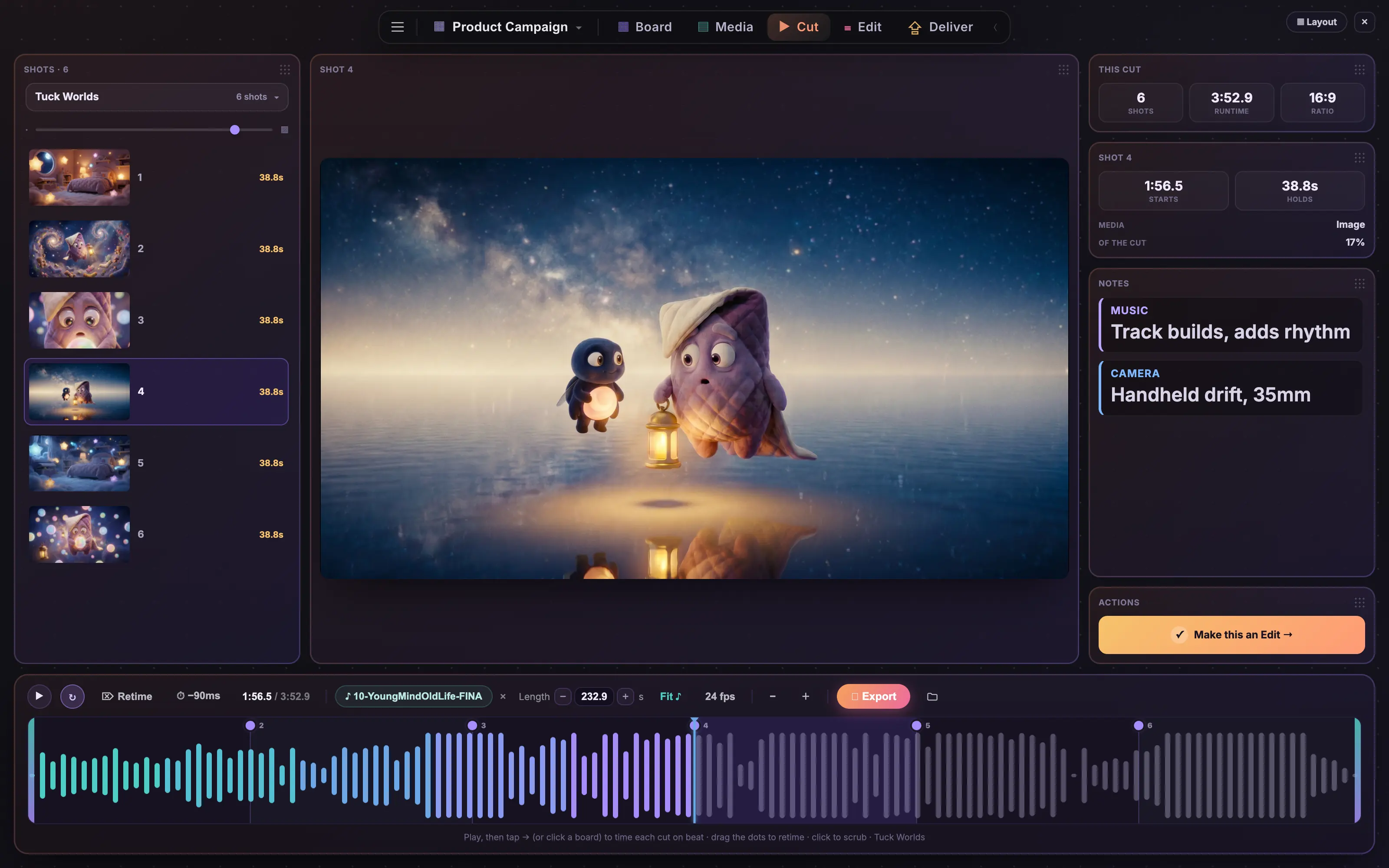 The Cut page with shot timings, notes and an audio waveform