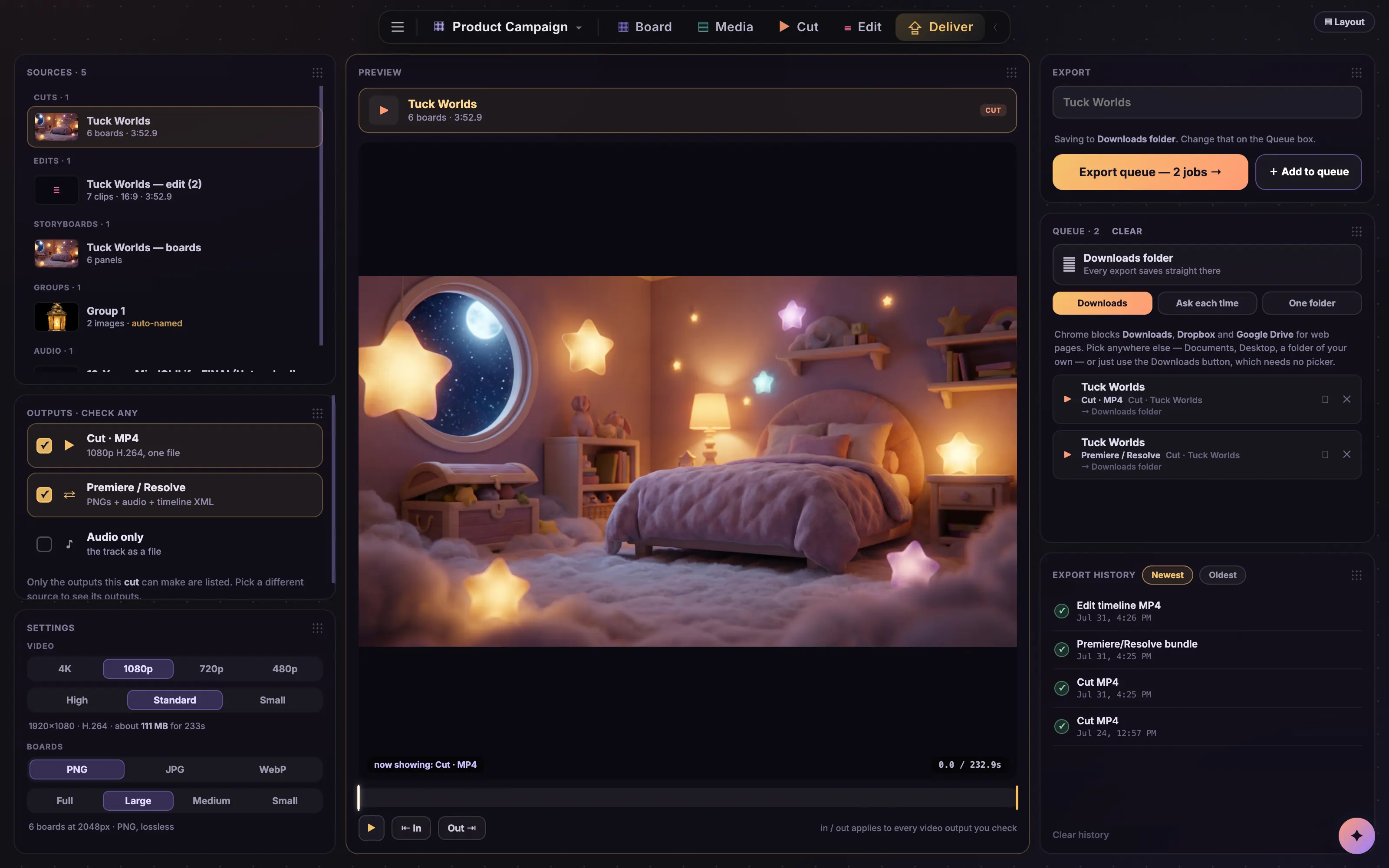 The Deliver page with sources, outputs and export settings