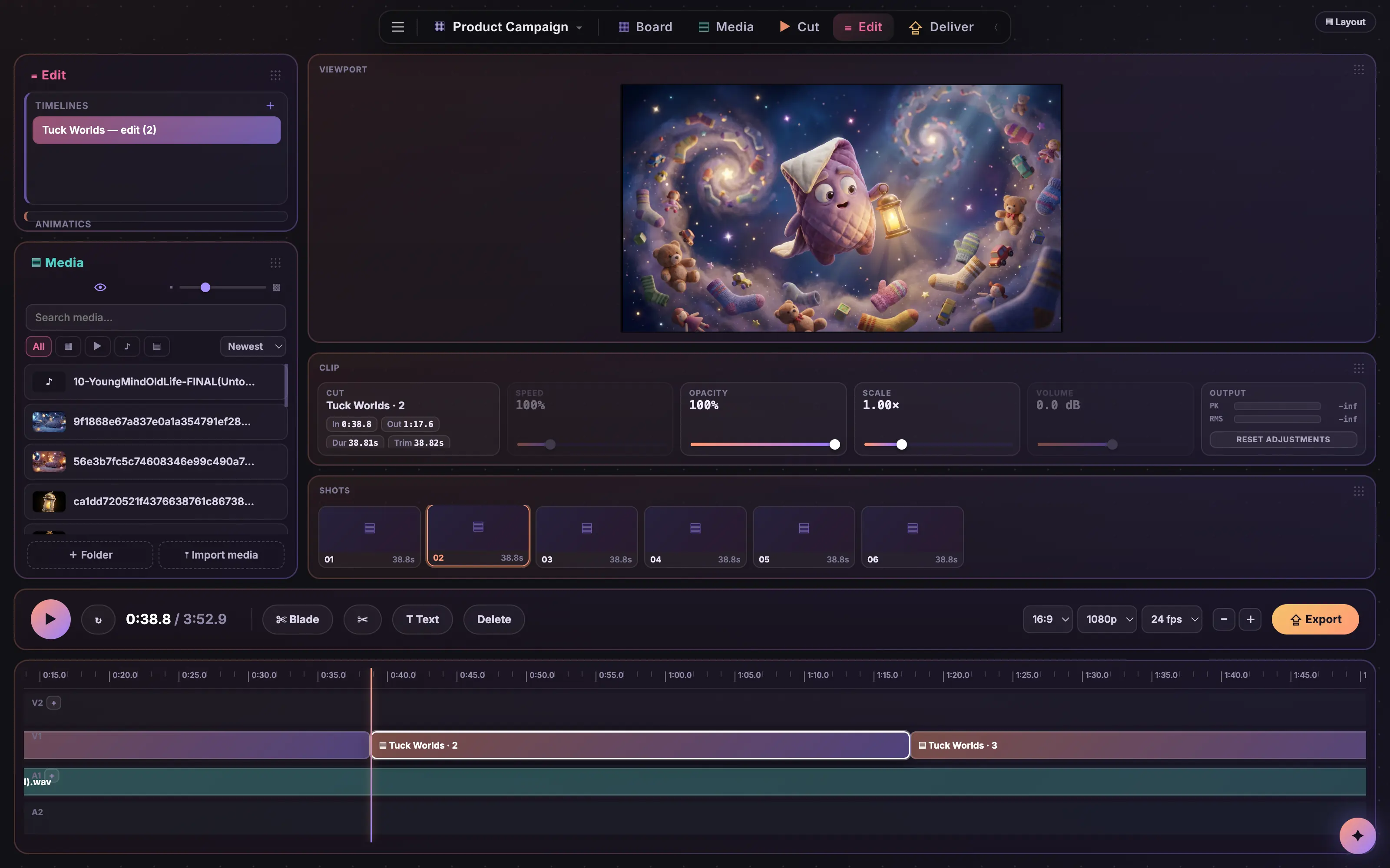 The Edit page with a multi-track timeline, viewport and clip inspector