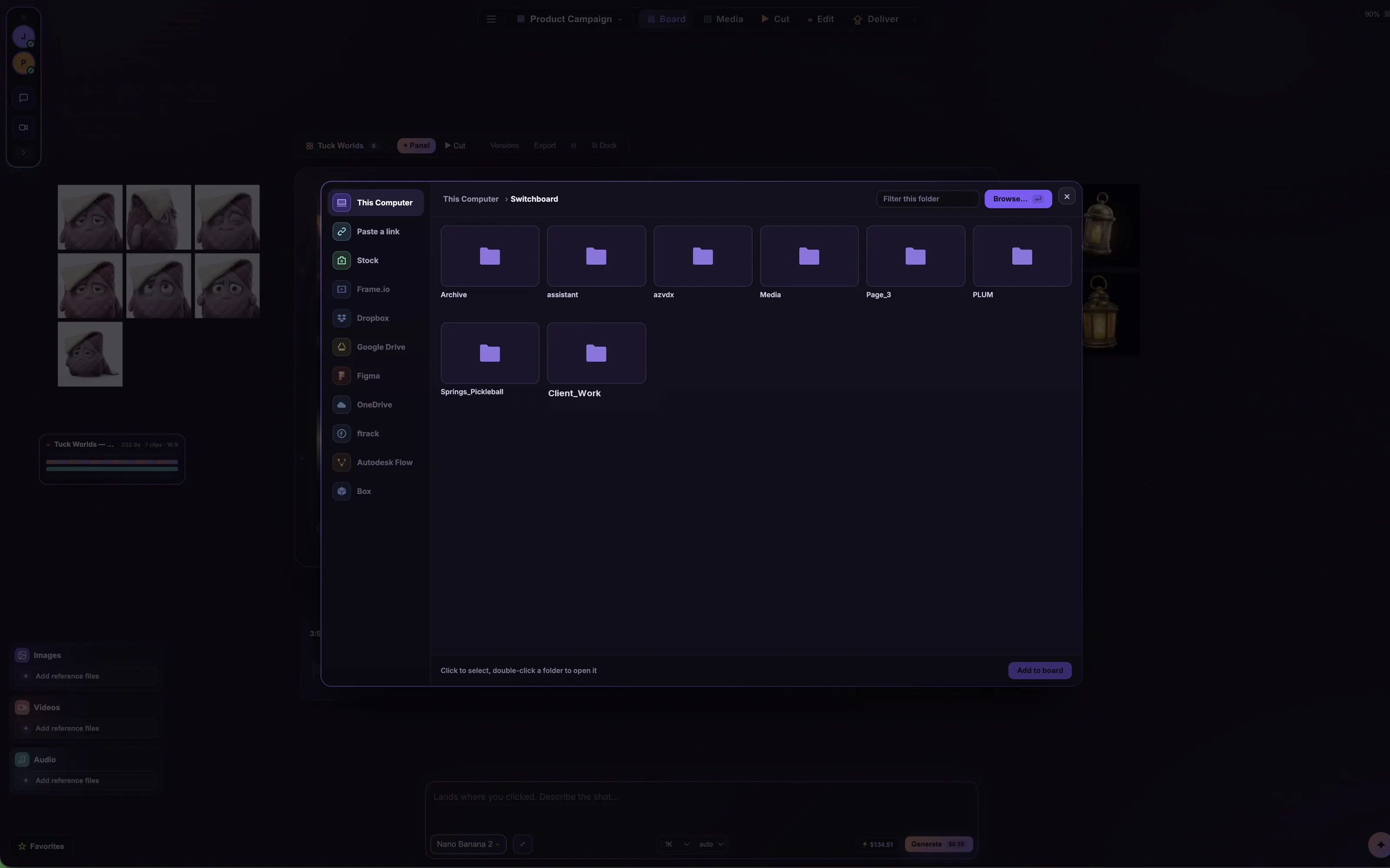 The Coveboard source browser with This Computer, Frame.io, Dropbox, Drive, Figma, ftrack and more
