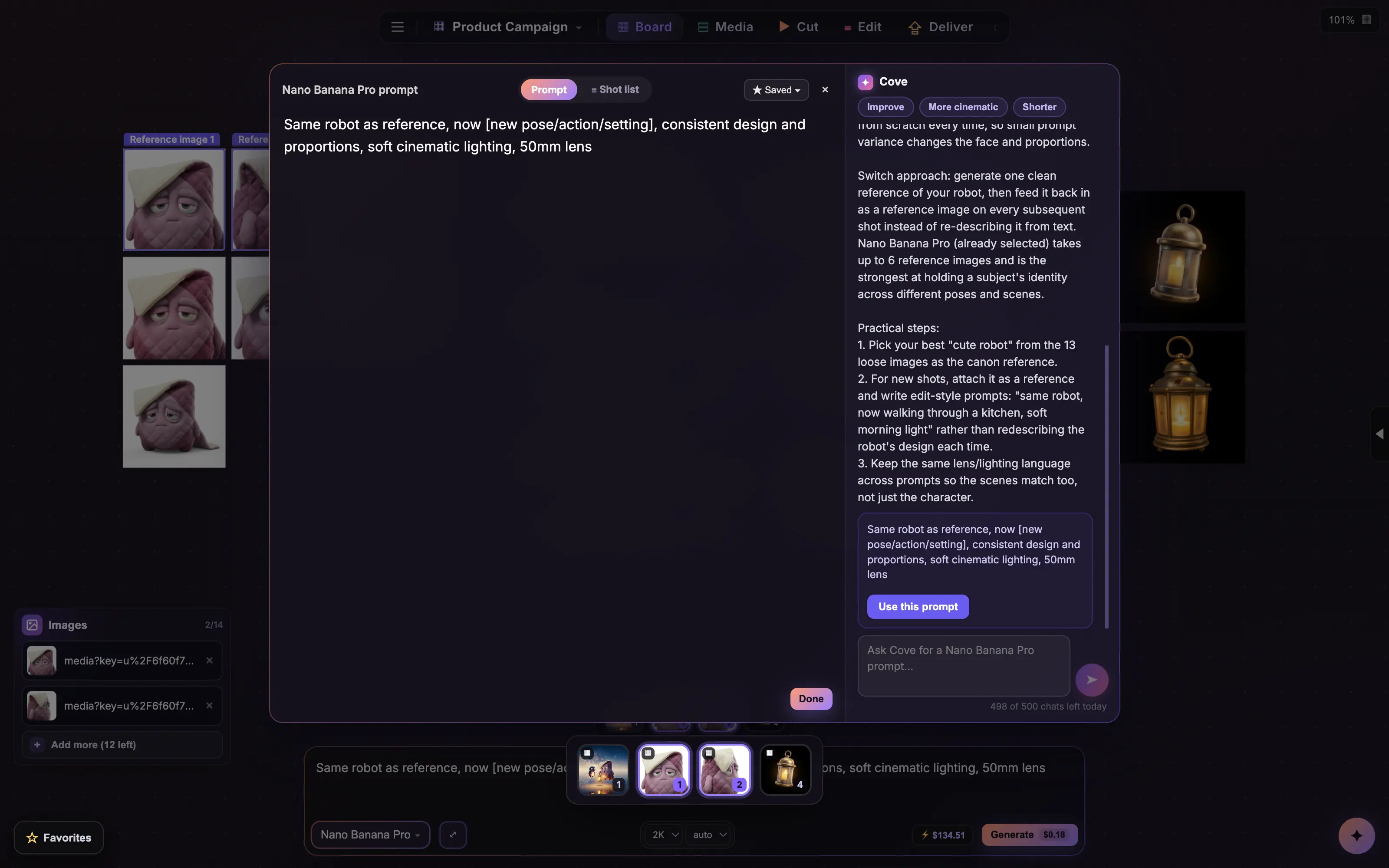 The enlarged prompt editor with Cove suggesting an improved prompt