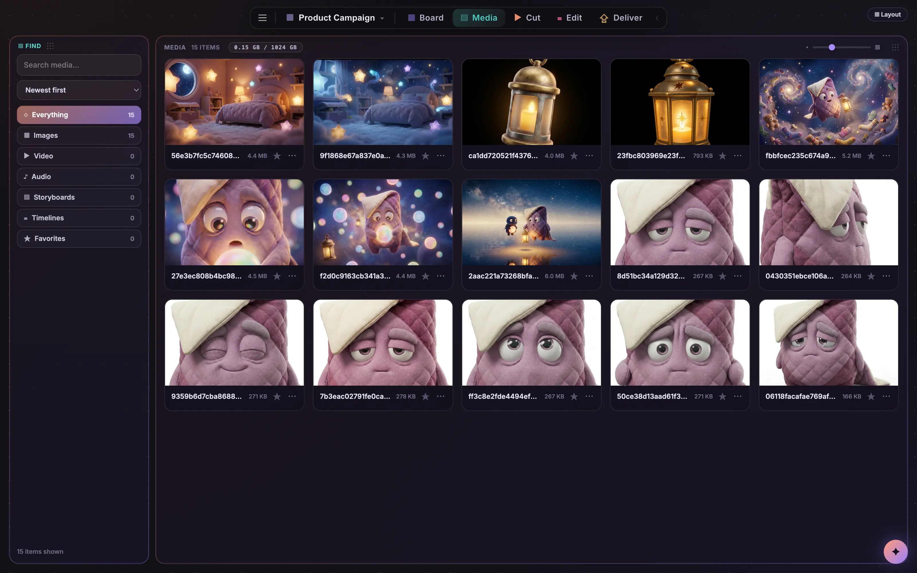The Coveboard media browser listing every asset on the board