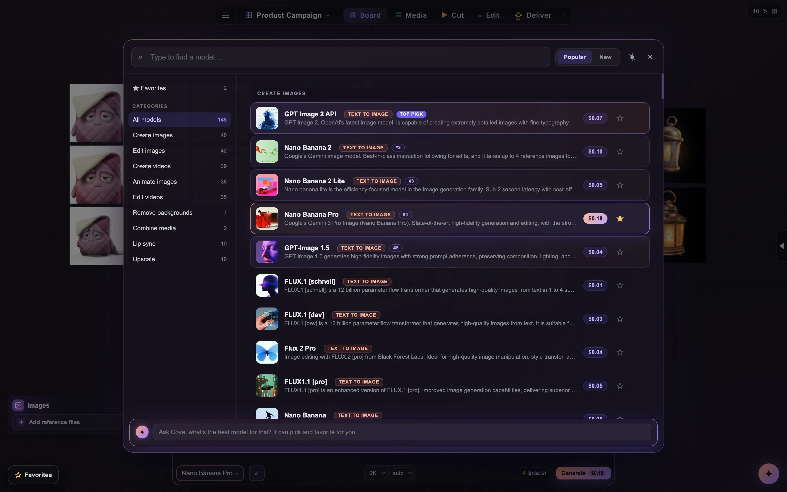 The Coveboard model browser listing models with live prices and rankings